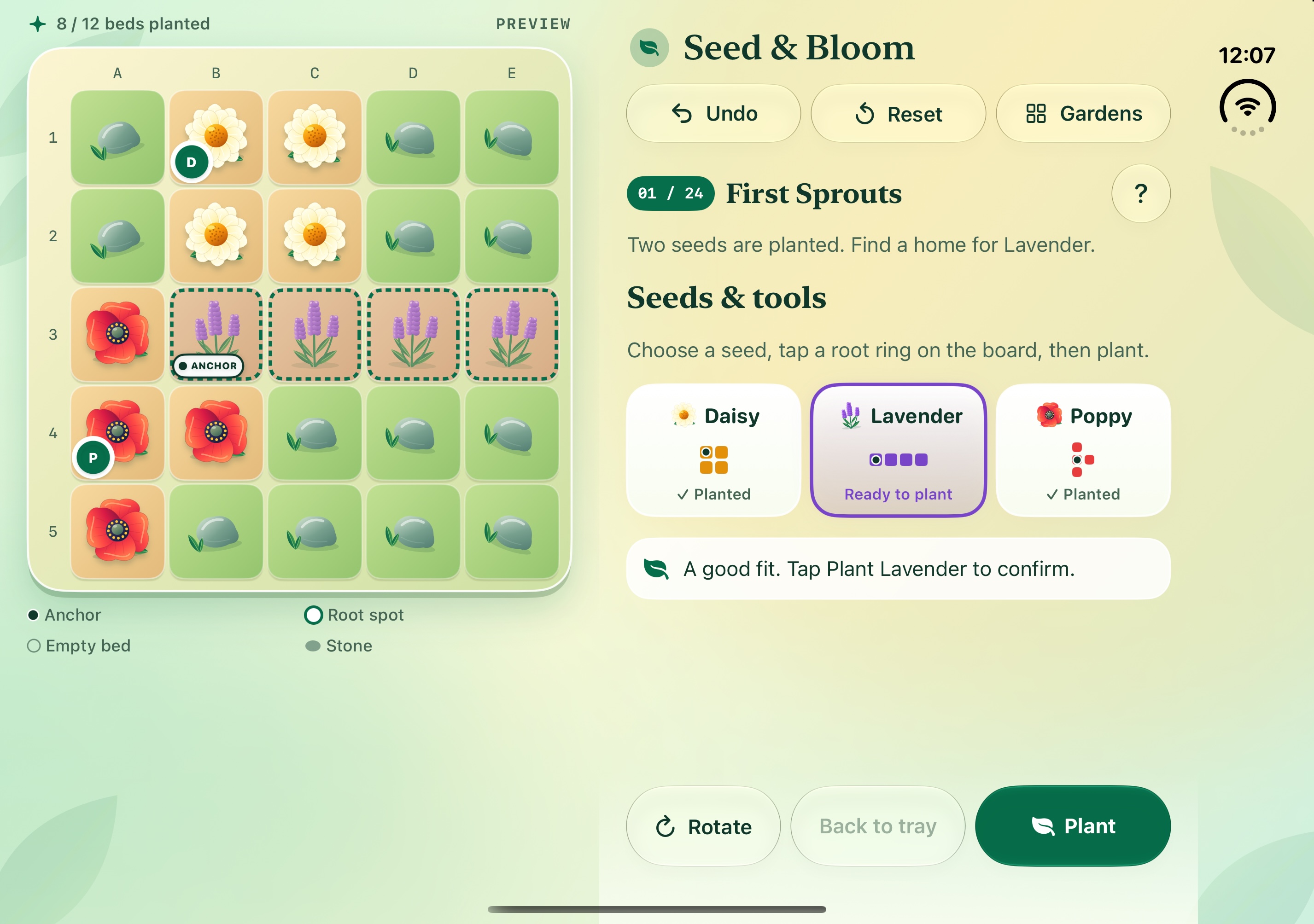 Seed & Bloom on the open iPhone Duo display, with First Sprouts on the left and seed choices and planting controls on the right.
