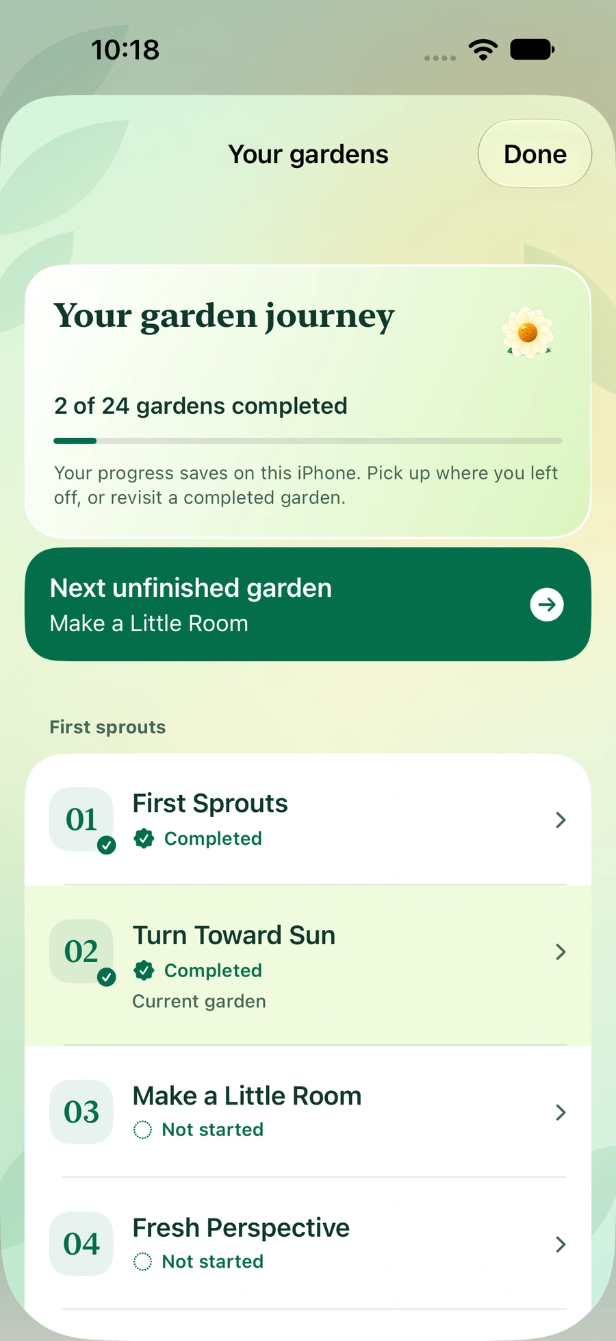 Your gardens screen showing 2 of 24 gardens completed and an option to continue the next garden.