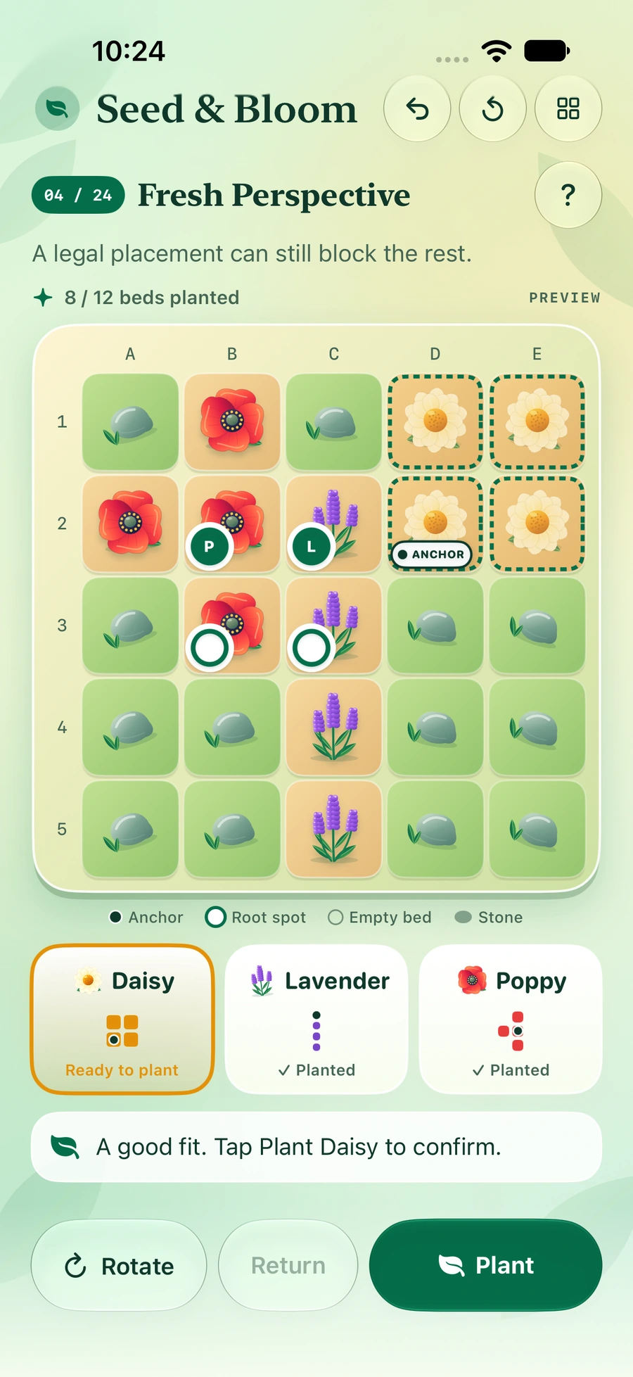 Seed & Bloom puzzle with colorful flower shapes, legal root rings, and a Daisy placement preview.